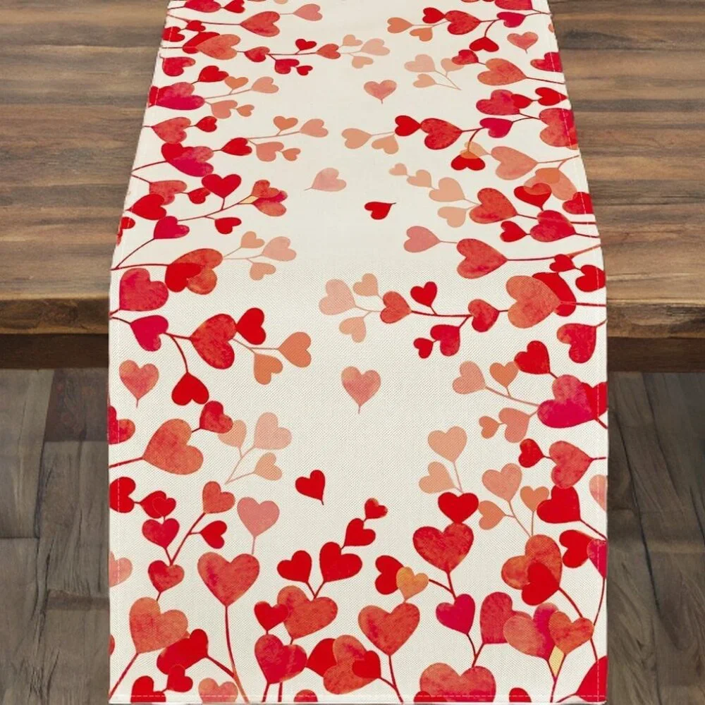 Valentines Day Table Runner Heart Dining Cloth Cottage Red Wedding Decor 13x60